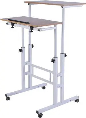 AIZ Double Table Adjustable Computer Desk, Mobile Standing Desk with Rolling Wheels for Home Office Workstation, Portable Laptop Stand Tall Table for Standing or Sitting, Adults or Children