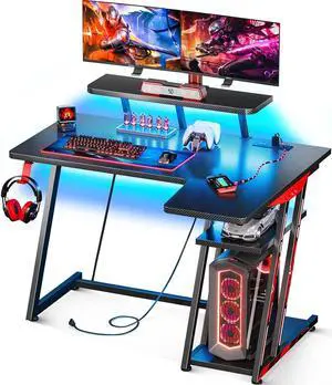 MOTPK L Shaped Gaming Desk with LED Lights, Small Corner Computer Desk 39inch with Power Outlets, Gaming Table with PC Storage Shelf, Gamer Desk with Monitor Shelf, Carbon Fiber Texture, Black