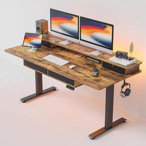 FEZIBO 55 x 24 Electric Standing Desk Adjustable Height with 4 Drawers, Sit Stand Desk with Storage Shelf, Rising Desk with Splice Board, Black Frame/Rustic Brown Top, 55 inch
