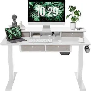 FEZIBO Sturdy Height Adjustable Electric Standing Desk with Drawers, 48 x 24 Inch Stand Up Table with Large Storage Shelf, Sit Stand Desk, White Top