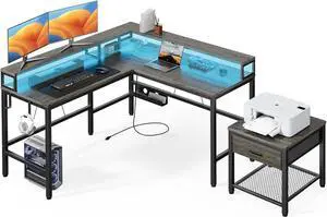 Marsail L Shaped Computer Desk with Monitor Raiser & Printer Stand, Home Office Corner Desk with Power Outlets & LED Light, Ergonomic Gaming Desk with Cable Management Tray, Hooks, Grey