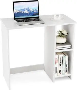 Tangkula Small White Desk with Shelves, Compact Small Desk for Small Space, Study Writing Desk with 2 Tier Shelves, Modern Simple Style Laptop Desk, PC Desk, Kids Desk, White