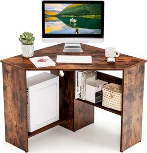 COSTWAY Corner Computer Desk, Space-Saving Triangular Writing Desk w/ 2 Storage Shelves & 2 Cable Holes, Multi-Functional Console Table for Small Space in Home Office, Living Room, Bedroom (Coffee)