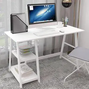 Natwind 47" White Desk with 2-Tier Storage Shelves,Home Office Computer Desk, Study Table for Kids Student Girls,Writing Desk,Modern Simple Basic Desk Workstation for Bedroom Home Office
