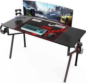 EE EUREKA ERGONOMIC Gaming Desk 55", K Shaped Large Gaming Computer Desk Home Office PC Gamer Desk Table with Mouse Pad Headphone Hook Cup Holder, Black