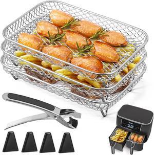 Air Fryer Rack for Ninja Dual Air Fryer Kannino 3pcs Layered Dehydrator Racks Stainless Steel Grilling Rack Rectangle Air Fryer Basket Tray with Clip and Heighten Feet Pad for Double Basket Air Fryers