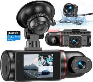 3 Channel Dash Cam Front and Rear Inside, 1080P Dash Camera for Cars with 64GB Card, Super Night Vision Dashcam, Car Camera with Loop Recording, G-Sensor, WDR, Motion Detection