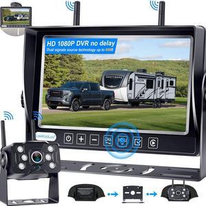 Dual RV Backup Cameras Wireless - Ease Install Plug-Play Recording HD 1080P 7'''' Touch Key Monitor Trailer Truck Rear View Cam Night Vision Signal No-Delay 4 Channels for Furrion Pre-Wired Mount