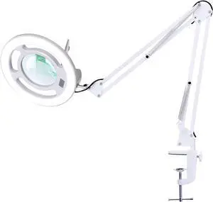 10X Magnifying Glass with Light,  2,200 Lumens LED Lamp Clamp, Stepless Dimmable Real Lens Magnifier, Adjustable Arm Workbench Light for Close Work Hobby Repair - White by DT