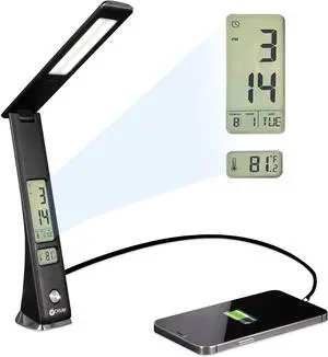 Prevention by OttLite LED Task Adjustable Lamp with Digital Display - Designed to Reduce Eyestrain - Adjustable Neck, 3 Color Modes & USB Charging - Crafting, Office Work, Reading & Studying