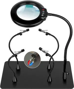 Soldering Helping Hands 10X Magnifying Glass with light and Stand PCB Holder, Drdefi Soldering Station Third Hand Tools Magnifier with Thickening Alligator Clip Large Magnetic Base for Repairing