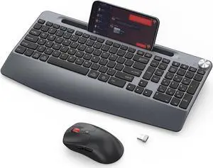 Ergonomic Wireless Keyboard and Mouse with Wrist RestPhone Holder - 2.4GHz Full-Sized Low-Profile Quiet Wireless Mouse and Keyboard Combo for Computer, Laptop, PC, Mac-Grey