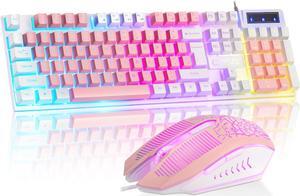 CHONCHOW Cute Pink Gaming Keyboard and Mouse Combo for Girl, 3 Color Backlit, 19 Keys Anti-ghosting with Kawaii RGB Light Up Mouse for PC Laptop Mac Computer PS4 and PS5, Women Girl - White & Pink