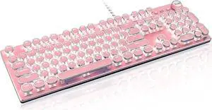 Typewriter Style Retro Wired Mechanical Gaming Keyboard, Vintage Steampunk with White LED Backlit, 104-Key Anti-Ghosting Blue Switch Cute Keyboard, Round Keycaps Knob Control for PC/Win/Mac/Laptop