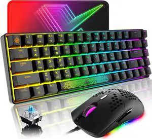 60% Gaming Keyboard and Mouse Combo,Magic-Refiner Wired Mechanical Keyboard with Chroma RGB Backlit,Full NKRO+Ergonomic Honeycomb Rainbow Led Gaming Mice for PC/Win/Mac (Black/Blue Switch)
