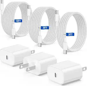 iPhone 15 Fast Charger,20W USB C Wall Charger Block & [3+6+10ft]USB-C to USBC Cable Cord Fast Charging for iPhone15/15 Plus/15 Pro/15 Pro Max/iPad Pro/Mini/Air/Air4/AirPods and More