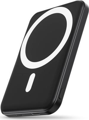 for Magsafe Battery Pack 5000mAh Magnetic Power Bank with Type-C Cable 20W PD Fast Charging Lighting Input Wireless Portable Charger for iPhone 16/15/14/13/12/ All Series-Black