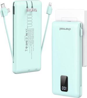 Portable Charger with Built-in Cables and Plug 10000mAh USB C Power Bank Fast Charging 15W External Battery Pack Slim Travel Essentials Compatible with 16 15 14 13  Galaxy iPad