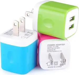 Wall Charger, [3-Pack] 5V/2.1AMP Colorful 2-Port USB Wall Charger Home Travel Plug Power Adapter Charging Block for iPhone 17 Pro Max/Plus/Air 16 16e 15 14 13, Samsung Galaxy, Kindle Fire Box