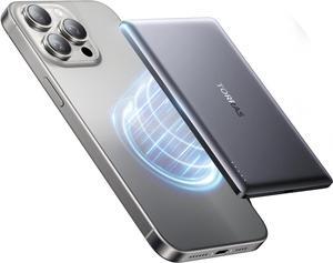 TORRAS MiniMag Power Bank, Ultra Slim 5,000mAh Wireless Portable Charger with USB-C Cable, Fast Charging Magnetic Battery Pack, Magsafe-Compatible for iPhone 16/15/14/13/12, Glacier Gray