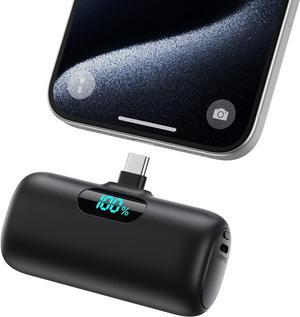 Mini Portable Charger USB C Power Bank Upgraded 5000mAh PD Fast Charging Battery Pack Built-in USB-C Connector LCD Display Compatible with iPhone16 16 Plus 16Pro/Max/15 iPad Pro/Air Android Phone etc