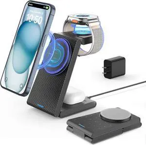 3 in 1 Wireless Charging Station, Foldable Magnetic Wireless Charger Stand for Multiple Devices, Wireless Charger for iPhone 16/15/14/13/12, Apple Watch 9/8/7/6/SE/5/4/3/2, AirPods 3/2/Pro