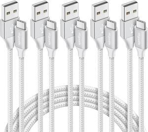 etguuds USB A to USB C Cable 5-Pack (3/3/6/6/10 ft), Fast Charging Type C Charger Cord for iPhone 16 15 Pro/Pro Max/Plus, for Samsung Galaxy S24 S23 S22 S21 S20 S10 A55 A54 Flip, Pixel, Moto G, White