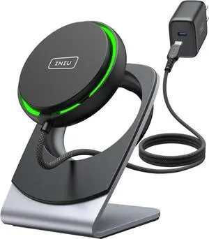 Wireless Charger 15W Fast Charging Magnetic Wireless Charger Stand Travel Essential Wireless Charging Station with Sleep-Friendly Adaptive Light for iPhone 16/15/14/13/12 Series Airpods