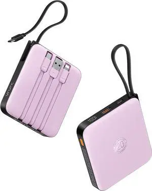 VRURC Portable Charger with Built-in Cable, 10000mAh Power Bank, 22.5W/PD20W Fast Charging USB C Battery Pack for iPhone 16 15 14 Samsung Galaxy S23 S22 Google Android Airpods, Purple(1 Pack)