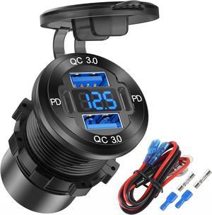 Upgraded 4 Port 12V USB Outlet Aluminum Charger 78W Dual PD & QC Multiple USB Port for Car USB C Cigarette Lighter Replacement 12 Volt Socket with Voltmeter Waterproof for Marine Boat Motorcycle RV