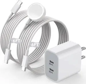 Super Fast Charger for Apple Watch & iPhone, 40W Dual USB C Port Fast Charger Adapter with 6 FT Long Apple iWatch Cable, 6 FT USB C to C Cord Compatible with Apple Watch Series 9/8/7/SE/6/5, iPhone 15