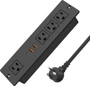 VILONG Recessed Power Strip with PD 20W USB-C, Flush Mounted Drawer Outlet, 4 Outlets & 3 USB Ports, Conference Desktop Built in Power Strip, 6.5FT Extension Cord(Black)
