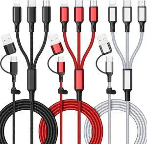 6 in 1 Multi Charging Cable [3Pack 4FT] Multi Charger Cable Nylon Braided Multi Fast Charging Cord USB A/C to Phone USB C/Micro USB/i-P Connector Universal Multiple Phone Charger Cable for Cell Phones