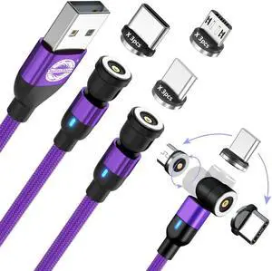Magnetic Charging Cable [3Pack 3.3/6.6/6.6FT] 540° Rotation Magnetic Phone Charger.USB C Cable,Micro USB,iProduct Device 3 in 1.LED Light Magnet Android Charger Type C Cable(Purple)