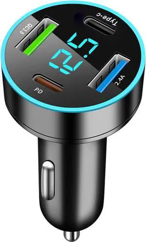 65W 4-Port USB Car Charger Adapter PD QC3.0 Cigarette Lighter Charger with LED Voltmeter for  iPhone iPad