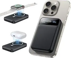 Magnetic Power Bank 12000mAh,3-in-1 Wireless Portable Charger,22.5W PD Fast Charging with LCD Display,Magsafe Battery Pack Compatible with All iPhone 16/15/14/13/12/iWatch/Airpods Series