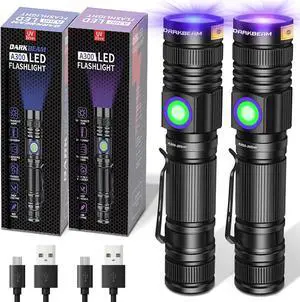 DARKBEAM UV Flashlight 365nm & 395nm Blacklight Rechargeable USB, Woods Lamp Ultraviolet Black Light LED Portable - Detector for Pet Cat Urine, Stains, Resin Curing, Uranium Glass, 2 Pack