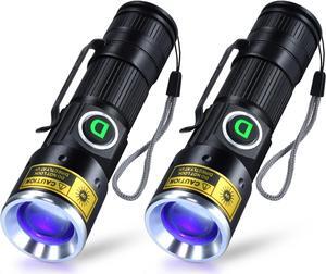 UV 365nm Black lights Flashlights USB Rechargeable, Wood's Lamp Ultraviolet LED Portable Mini, blacklight for cat urine detection Dry Stains, Uranium Glass, Leak Detection, D15 365 nm 2 pack