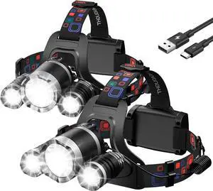 Headlamp Rechargeable High Lumes 2 Pack Lightweight Head Lamp with 3 Powered Bright LED Headlights 90°Adjustable 4+2 Modes & Tail Lights Waterproof Headlamp for Adult Outdoor Camping Hunting