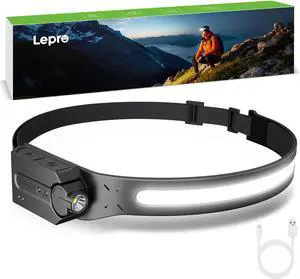 Lepro Headlamp - Super Bright LED Head Lamp Rechargeable with 230°Wide Beam, Adjustable Spotlight, Motion Sensor, 5 Modes, Waterproof Lightweight Headlight Flashlight for Camping Running