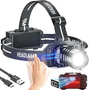 LED Rechargeable Headlamp, 150000LM Head Lamp Super Bright with 9 Modes & IPX6 Waterproof Zoomable Head Lights for Forehead, 90° Adjustable Headlamps for Camping Hiking Hunting Fishing Car Repair