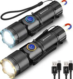 Rechargeable Flashlights High Lumens Super Bright Small LED Flash Light 26 Hours Long Lasting 4 Lighting Modes Magnetic Zoomable Pocket Flashlight for Emergencies Home Camping (2 Pack)