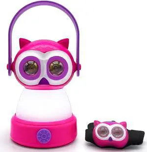 Kids Owl Lantern & Headlamp Set 2-in-1 360° LED Camping Night Light Battery Powered (Lantern 3×AA) Child-Safe ABS Portable Adventure Toy & Bedroom Night-Light  Pink