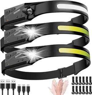 Headlamp Rechargeable 3PCS 230° Wide Beam Head Lamp Motion Sensor LED Headlights 5 Modes Headlamps for Adults Bright Head Lights for Forehead Hard Hat Headlight Camping Essentials Gear