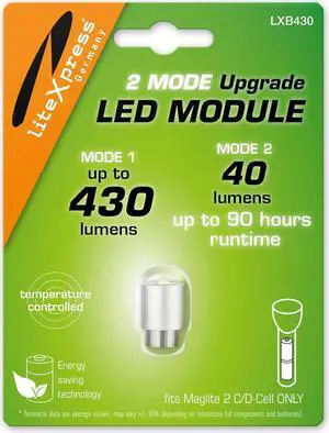 LiteXpress LXB430 2 Mode LED Upgrade Module 430 or 40 Lumen Only for 2 C/D Cell Maglite Torches