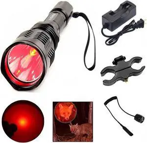 LED Hunting Flashlight, HS-802 250 Yards Cree Coyote Hog Red Light Flashlight with Remote Tactical & Pressure Switch+ Barrel Mount+ Battery(not sold individually)+ Charger for Hunting, Fishing