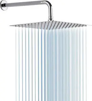 Square Rain Shower Head, High Pressure Rainfall Showerhead, Large Fixed Stainless Steel Polished Chrome Shower Rain, 12 Inch Rainhead and 15 Inch Extension Arm