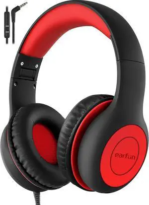 EarFun Kids Headphones Wired with Microphone, 85/94dB Volume Limit Headphones for Kids, Portable Wired Headphone with Shareport, Stereo Sound Foldable Headset for School/Tablet/iPad/Kindle, Black Red