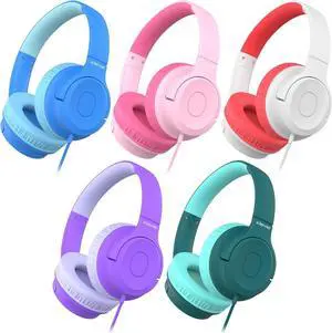 iClever Kids Headphones for School K-12, 85dBA Safe Volume, Tangle Free, 3.5mm Jack, HD Stereo, Swivel Foldable Kids Headphones with Cord for Classroom/Student/Tablets/Laptop, Bulk 5Pack