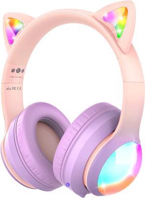 FosPower Kids Bluetooth 5.2 Headphones with LED Cat Ears (85/94dB Volume Limit & 100H Play Time) Foldable Wireless/Wired Headset with 3.5mm Cable for School/Travel - Light Pink/Light Purple